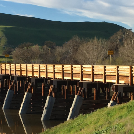 A serene wooden bridge spans across a tranquil river, surrounded by lush greenery and reflecting nature's beauty.